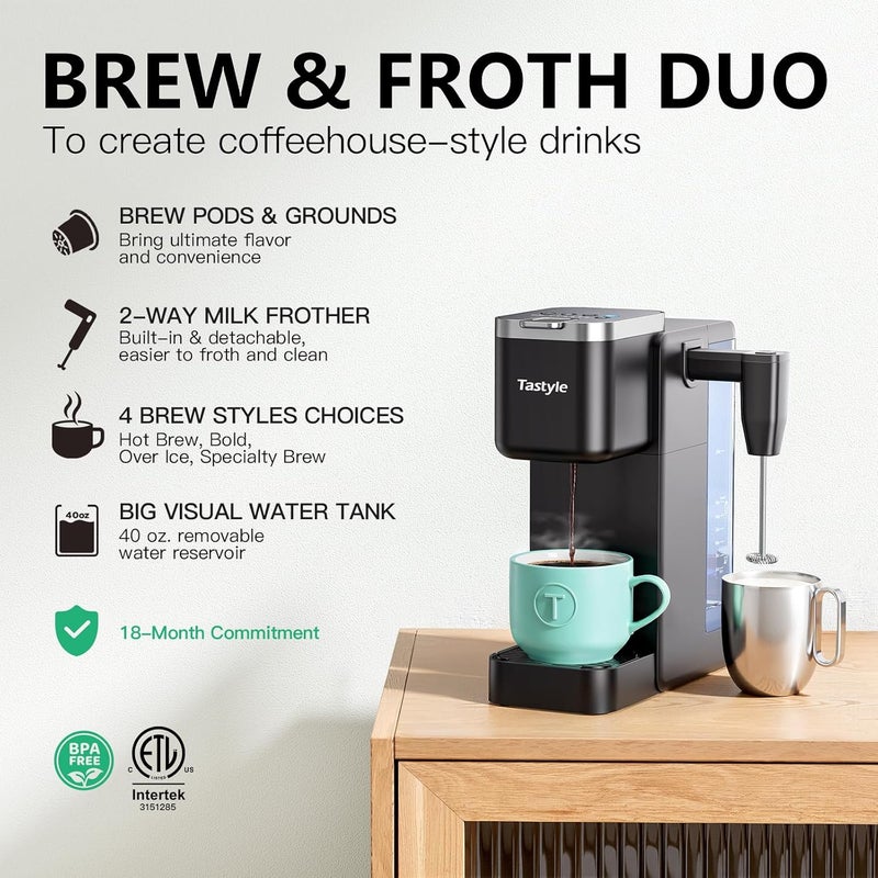 Tastyle Single Serve Coffee Maker with Built-in Detachable Milk Frother, Iced and Hot Coffee Machine for K Cup & Grounds, 40oz Removable Water Reservoir, 6 Cup Sizes, Fits 7.3" Travel Mug, Black - Image 2